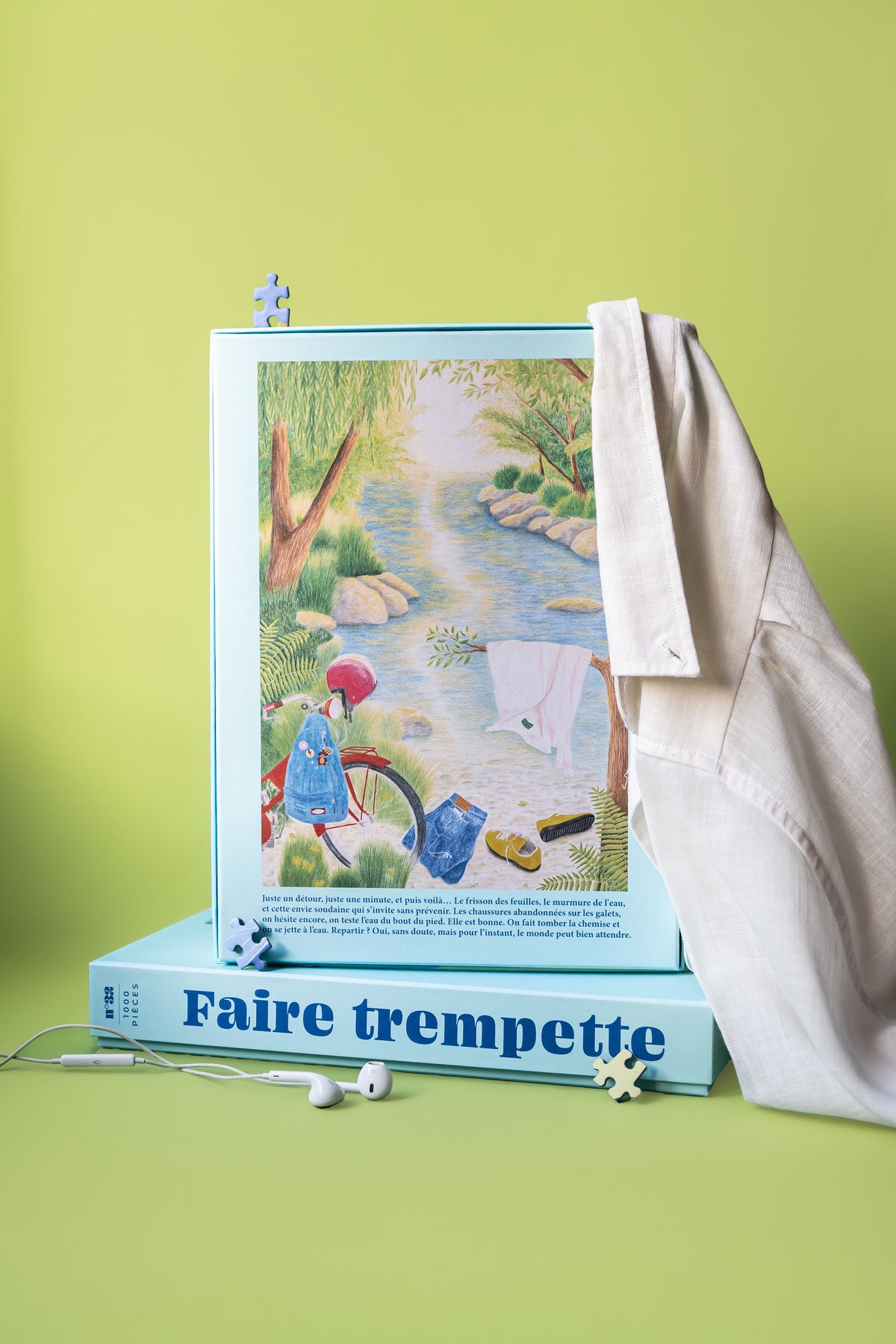 Dos de la boîte Faire trempette Jour Férié, illustration et tissu sur fond vert