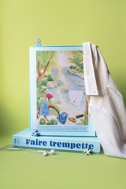 Dos de la boîte Faire trempette Jour Férié, illustration et tissu sur fond vert