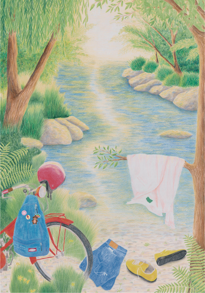 Illustration Faire trempette Jour Férié : vélo et vêtements au bord d’une rivière
