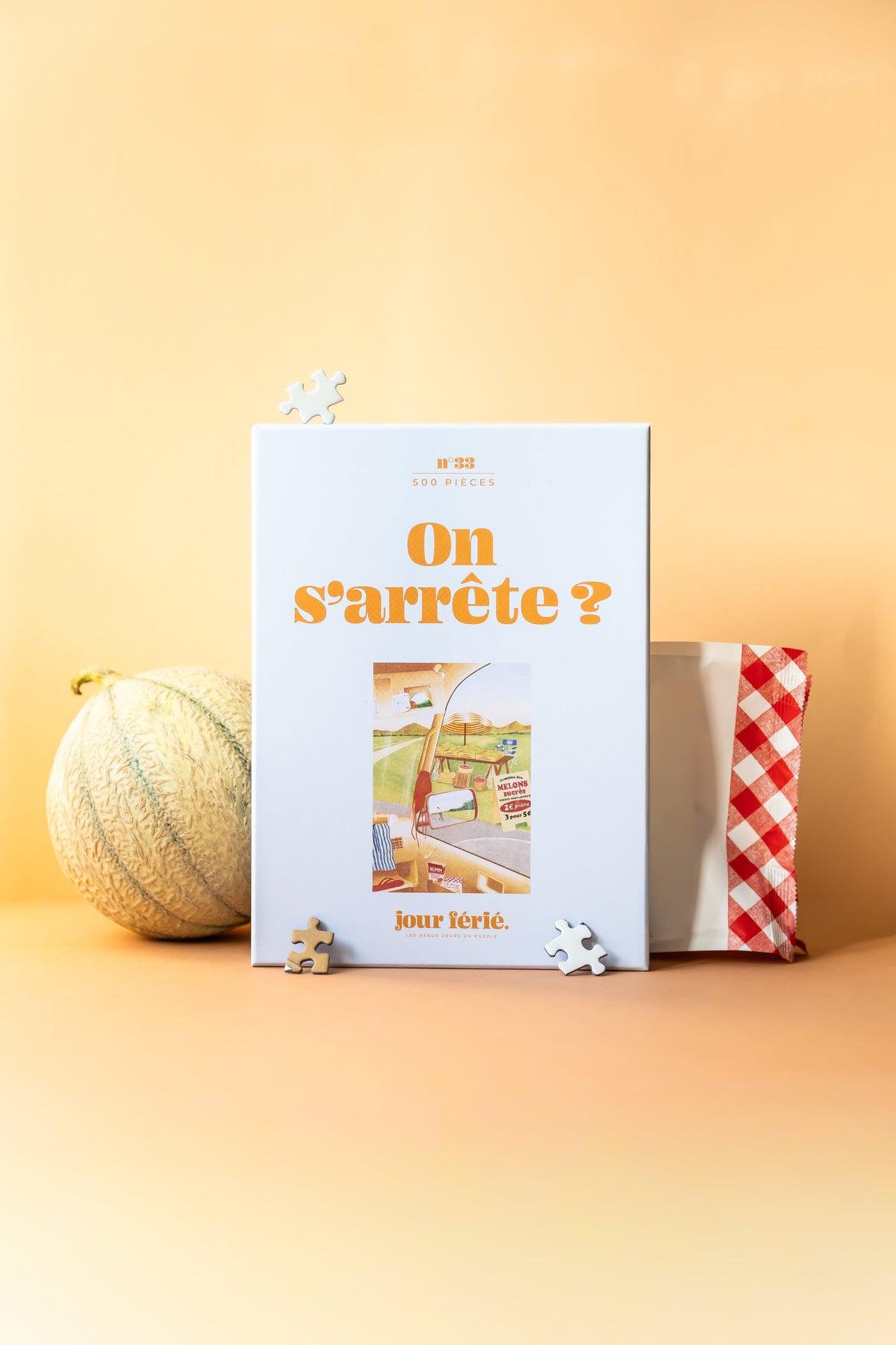 Puzzle On s’arrête ? 500 pièces Jour Férié : boite melon sac
