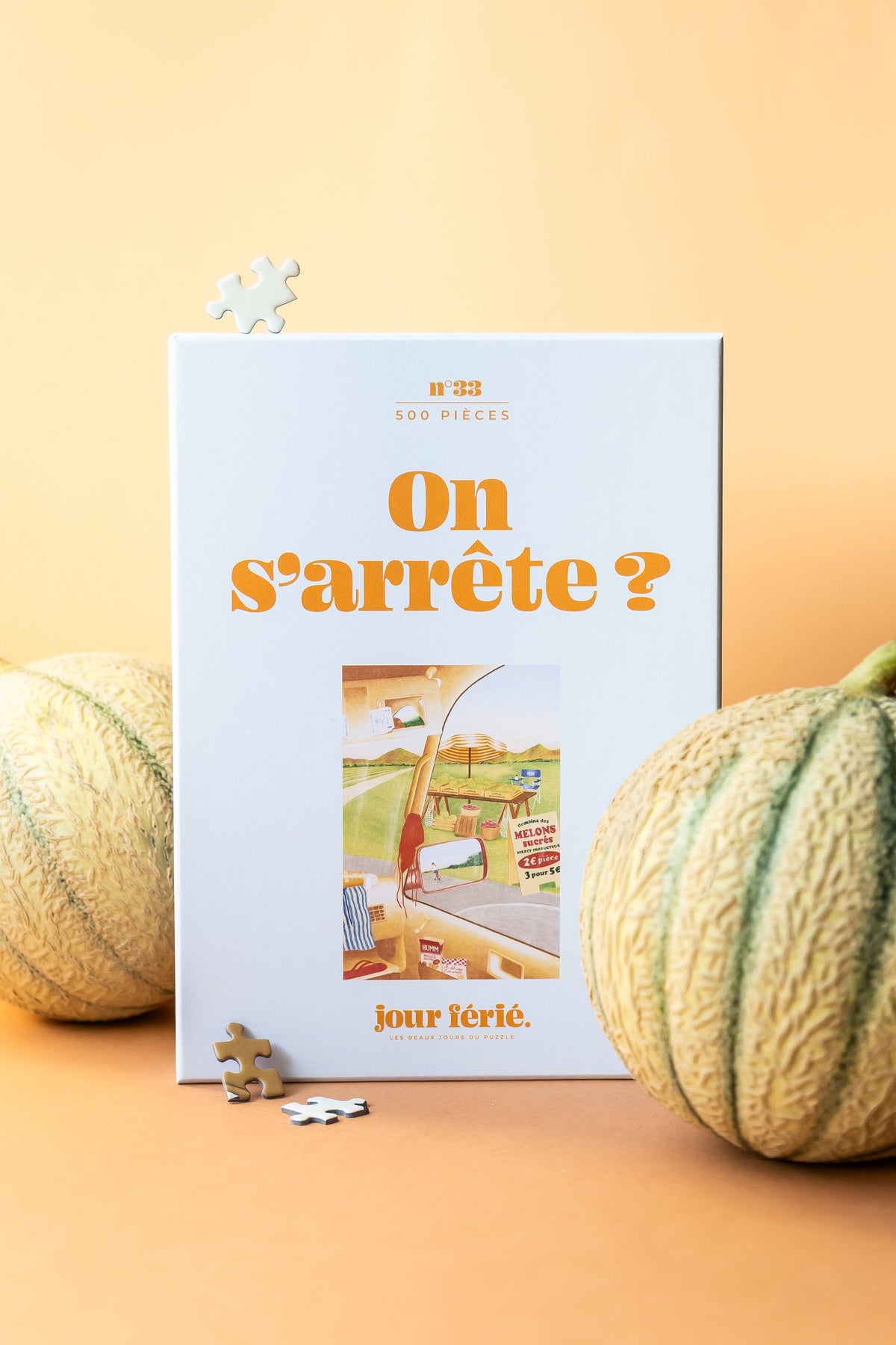 Boîte du puzzle On s’arrête ? Jour Férié entourée de melons