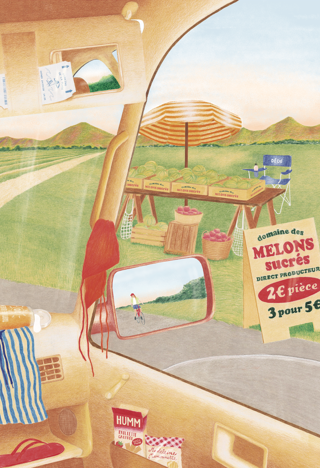Illustration On s’arrête ? Jour Férié : route de campagne et étal de melons vus depuis une voiture