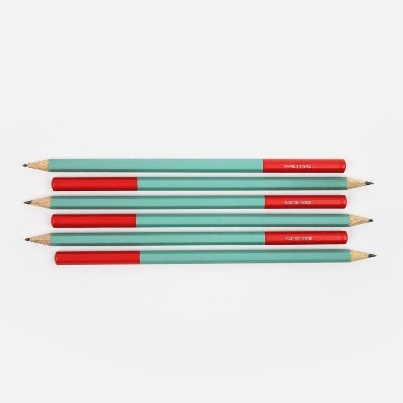 Crayons vert et brique Papier Tigre alignés vus de dessus