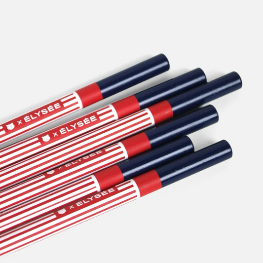 Lot de crayons Élysée Papier Tigre avec détail du motif rouge, blanc et bleu