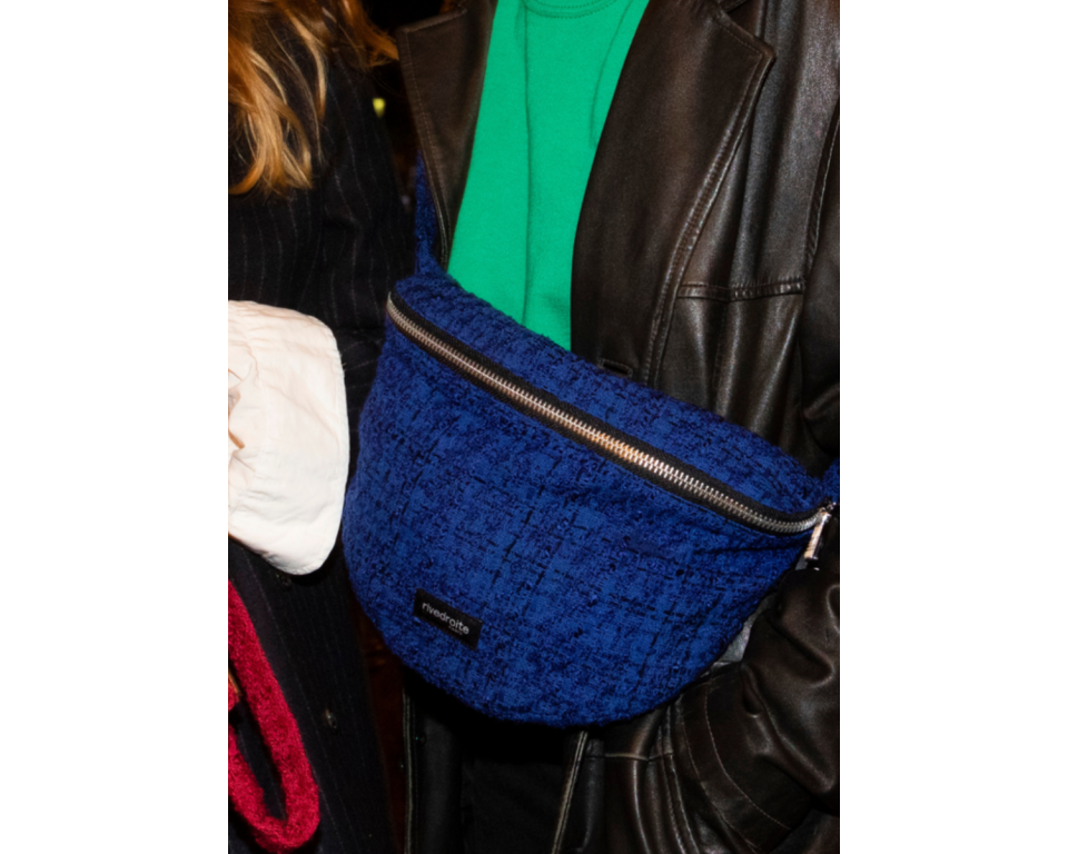 Sac banane Custine Rive Droite tweed bleu porte